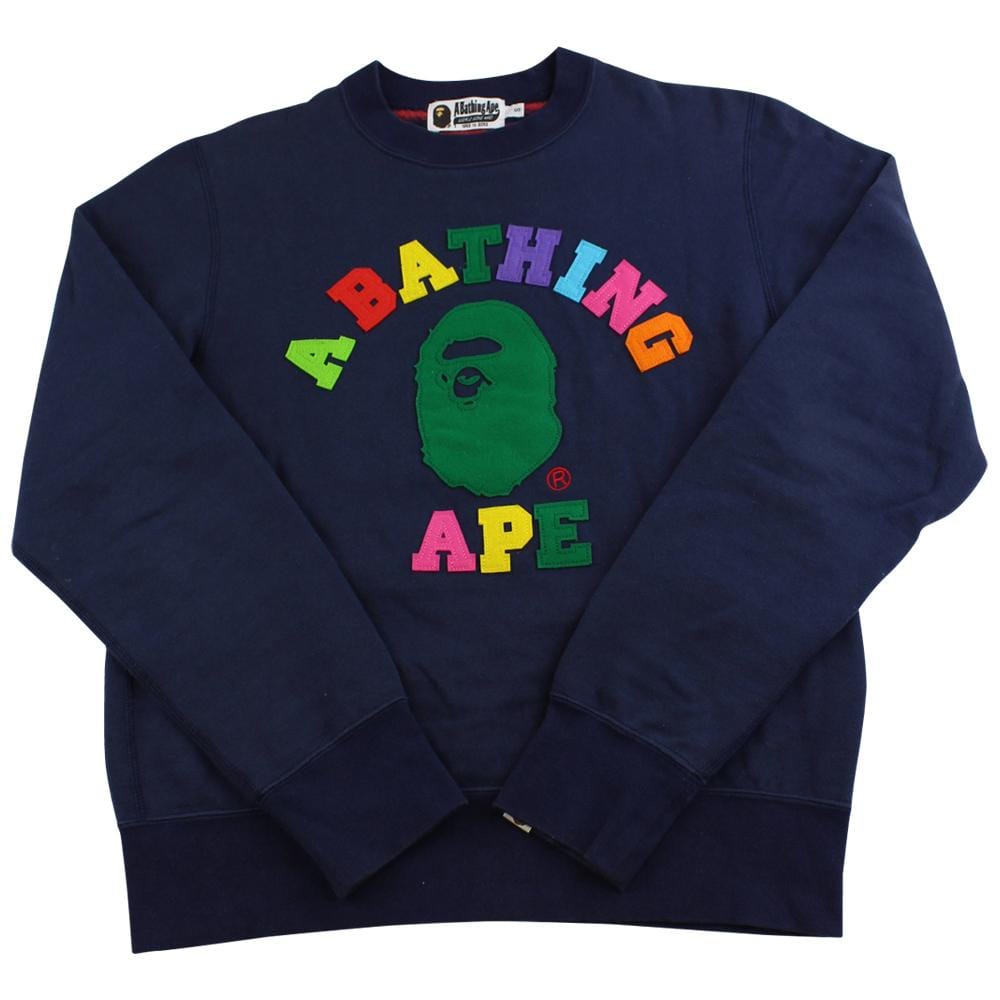 bape rainbow felt college logo crewneck navy - SaruGeneral