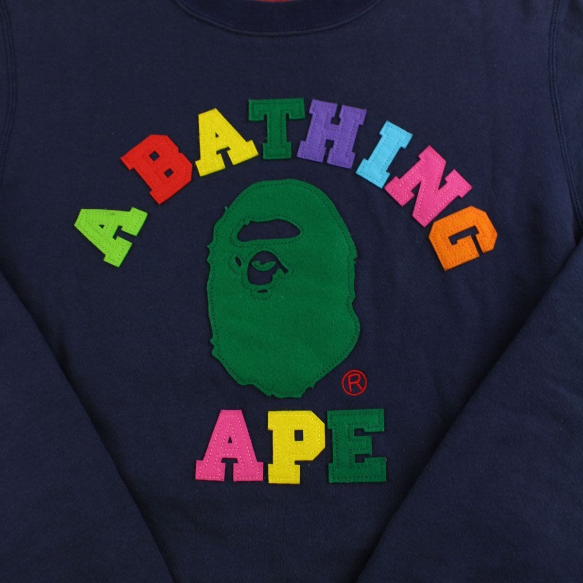 bape rainbow felt college logo crewneck navy - SaruGeneral