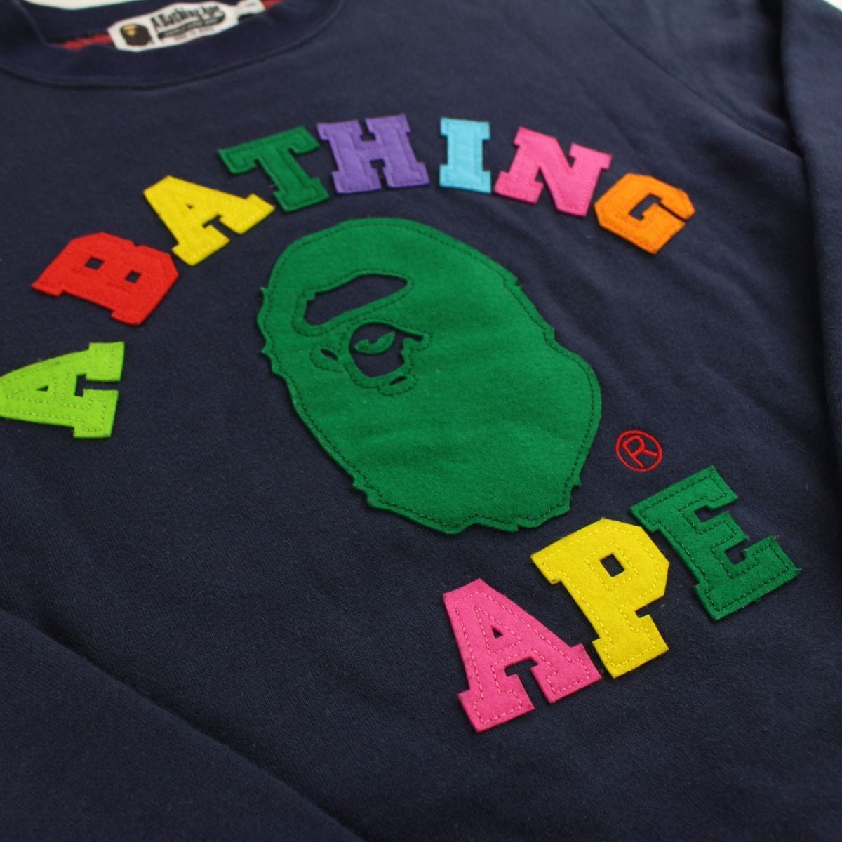 bape rainbow felt college logo crewneck navy - SaruGeneral