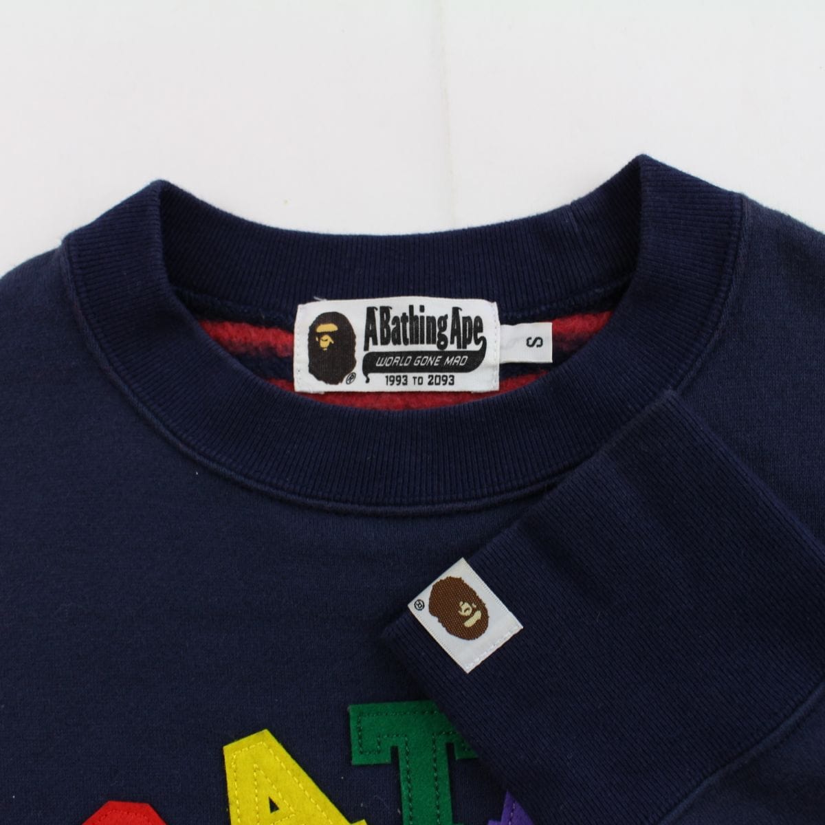 bape rainbow felt college logo crewneck navy - SaruGeneral