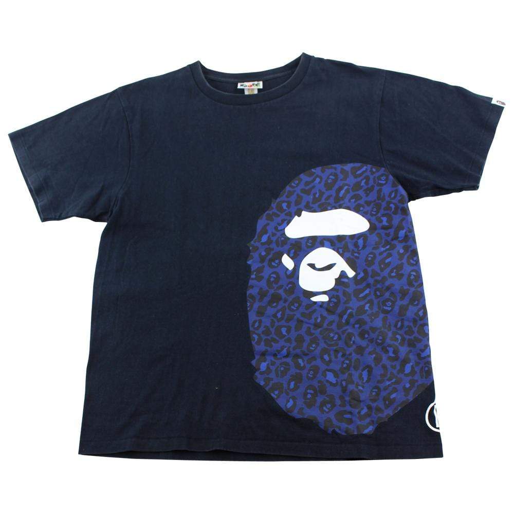 Bape Blue Leopard Print Side Big Ape Logo Tee Black - SaruGeneral