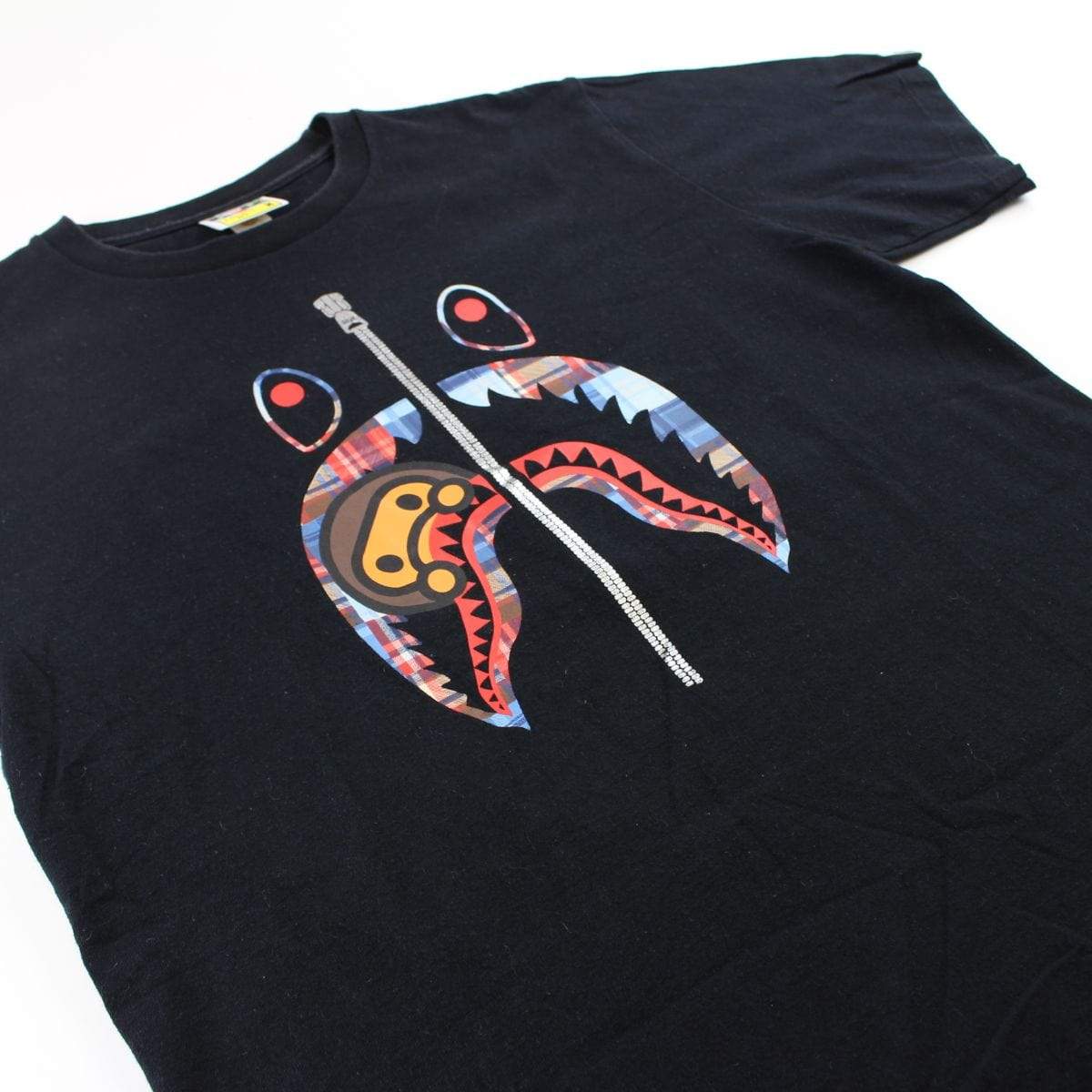 Bape Plaid milo Shark Face Tee Black - SaruGeneral
