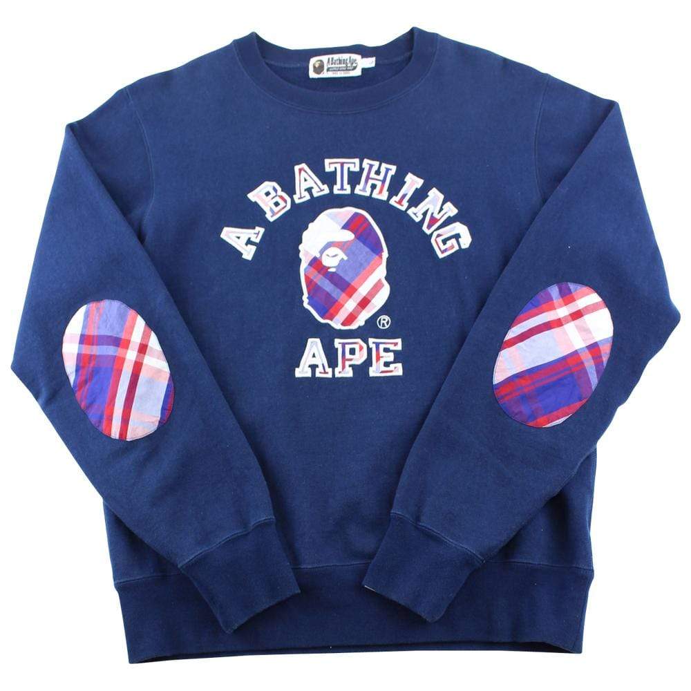 Bape Tartan College Logo Crewneck Navy - SaruGeneral