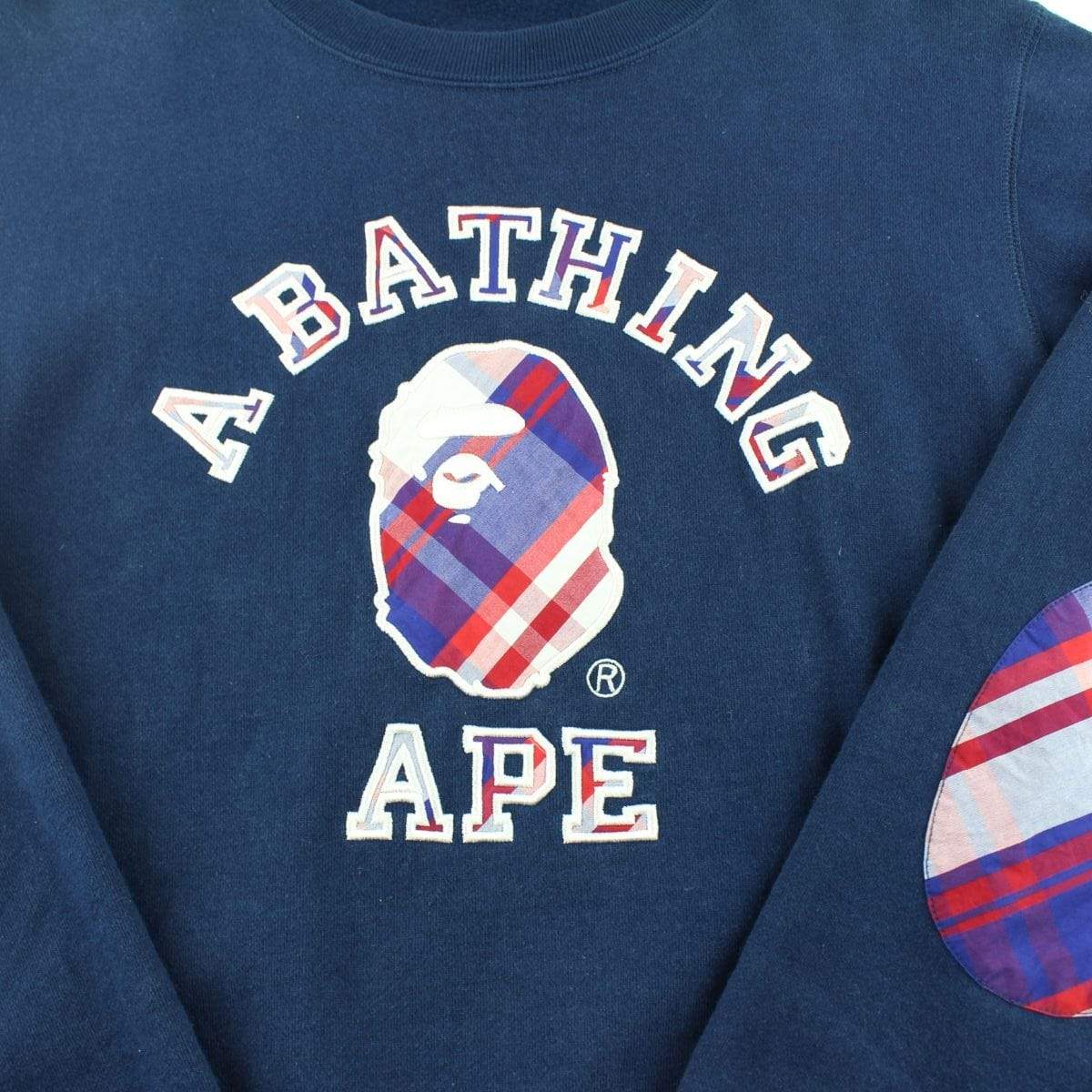 Bape Tartan College Logo Crewneck Navy - SaruGeneral