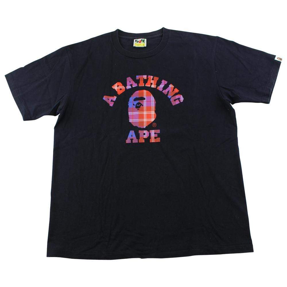 Bape Red blue plaid College Logo Tee Black - SaruGeneral