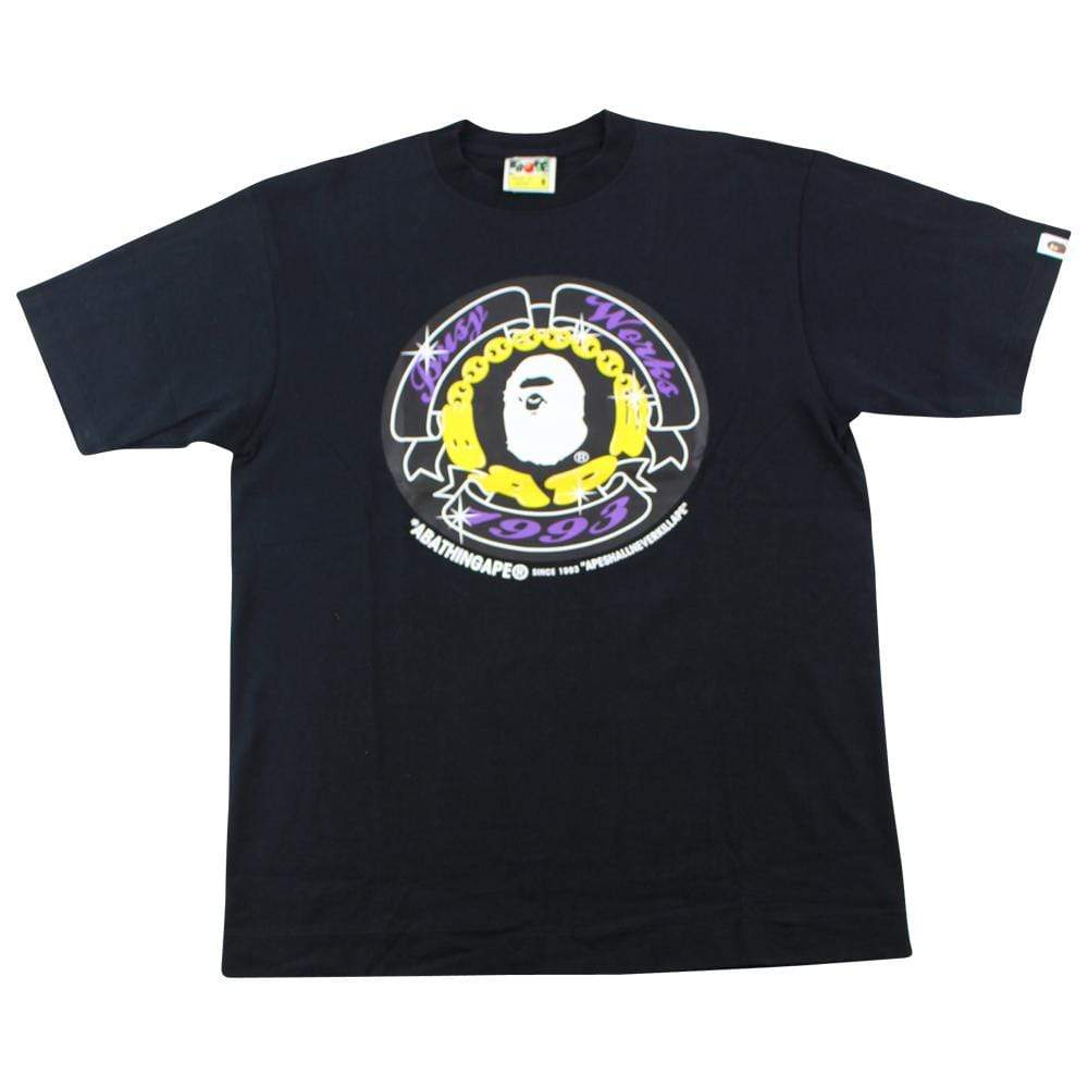 Bape Ape Logo Yellow Purple Text Circle Tee Black - SaruGeneral