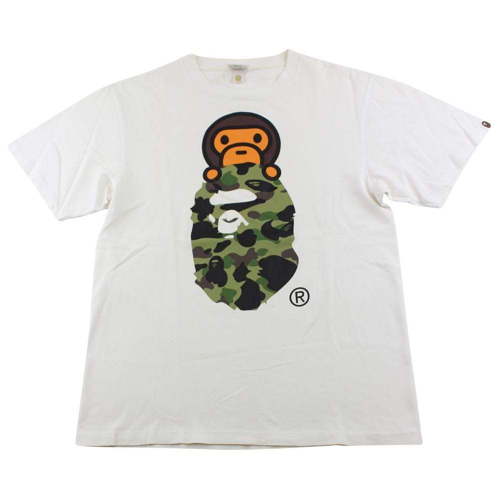Bape 1st Green Camo Baby Milo Big Ape Logo Tee White - SaruGeneral