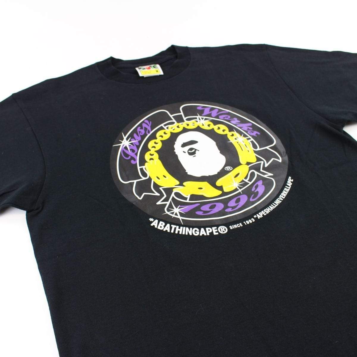 Bape Ape Logo Yellow Purple Text Circle Tee Black - SaruGeneral