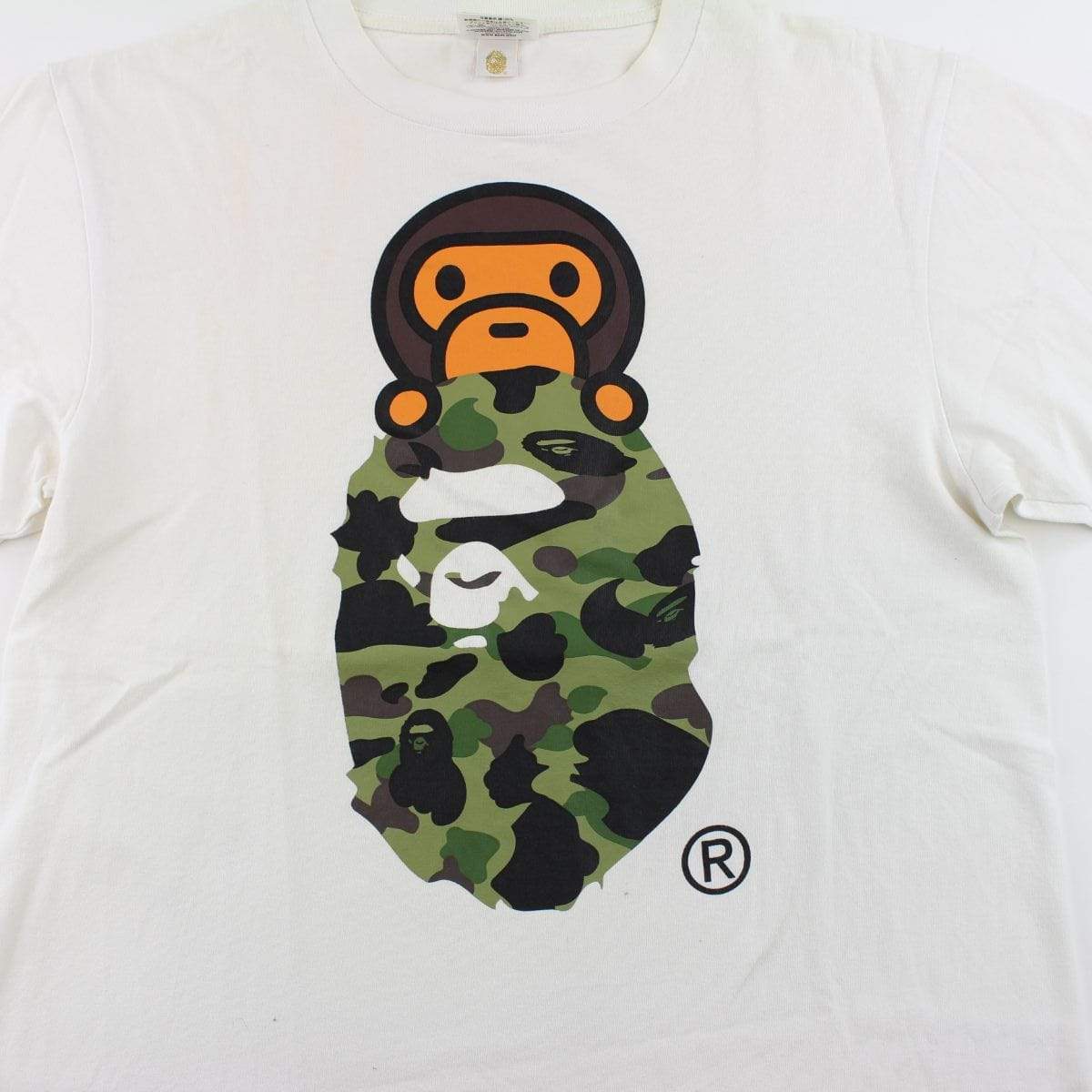 Bape 1st Green Camo Baby Milo Big Ape Logo Tee White - SaruGeneral