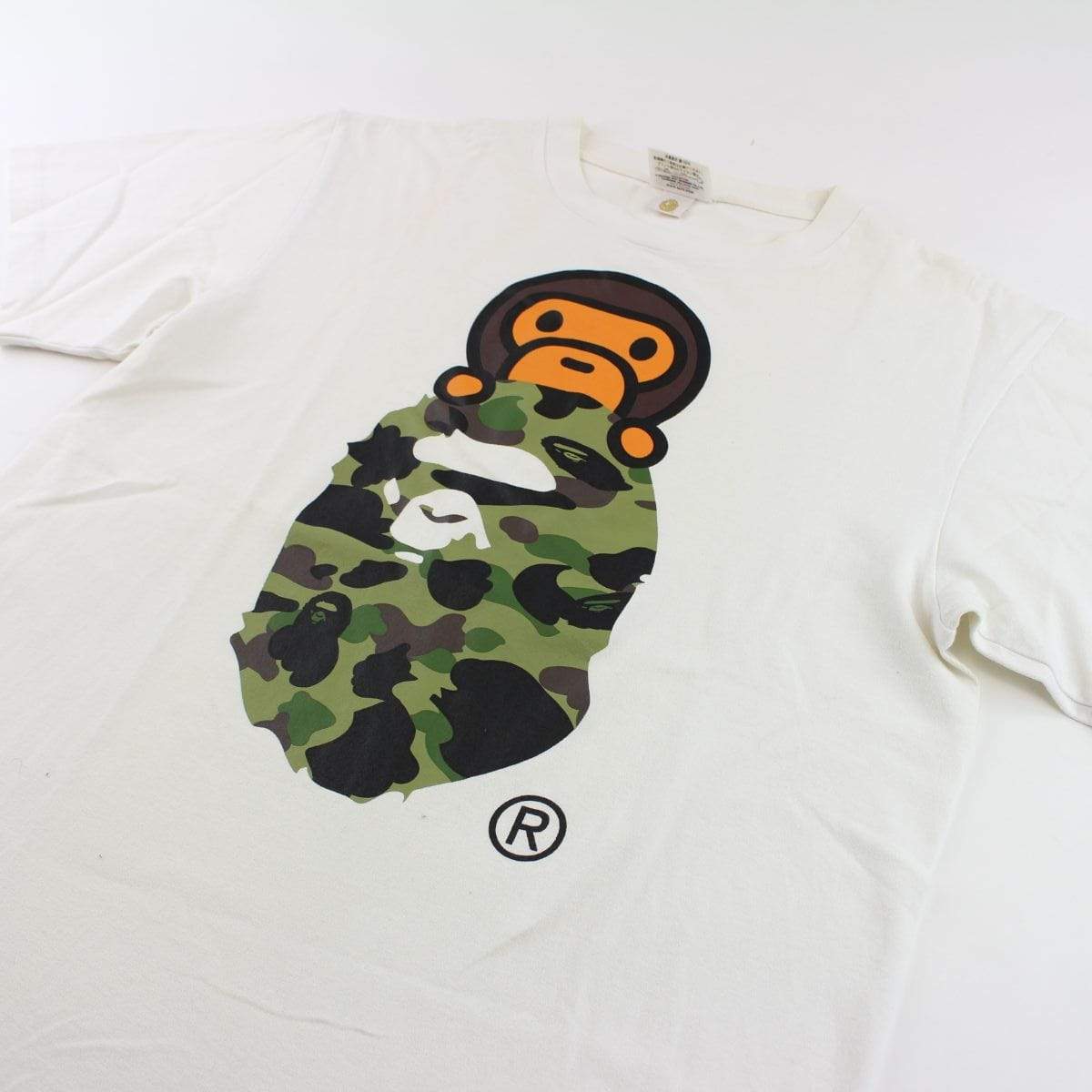 Bape 1st Green Camo Baby Milo Big Ape Logo Tee White - SaruGeneral