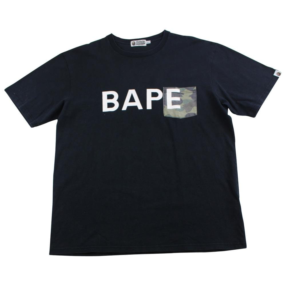 Bape 1st Green Camo Pocket Text Tee Black - SaruGeneral