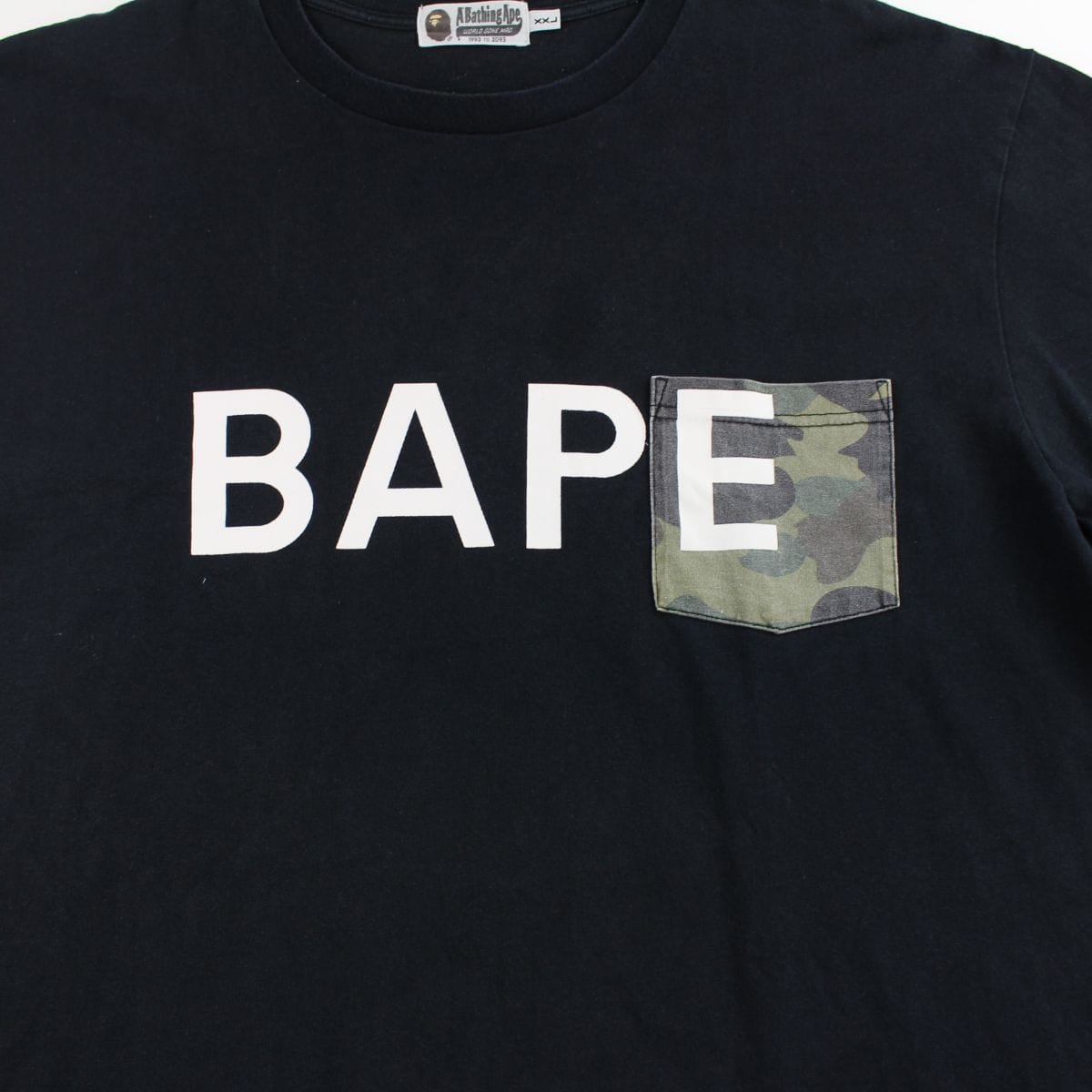 Bape 1st Green Camo Pocket Text Tee Black - SaruGeneral