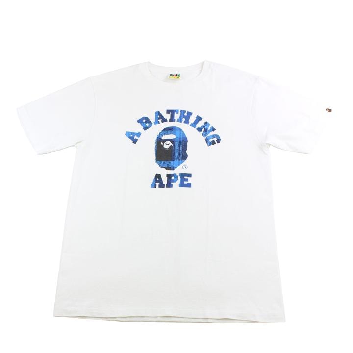 Bape Blue Tartan College Logo Tee White - SaruGeneral