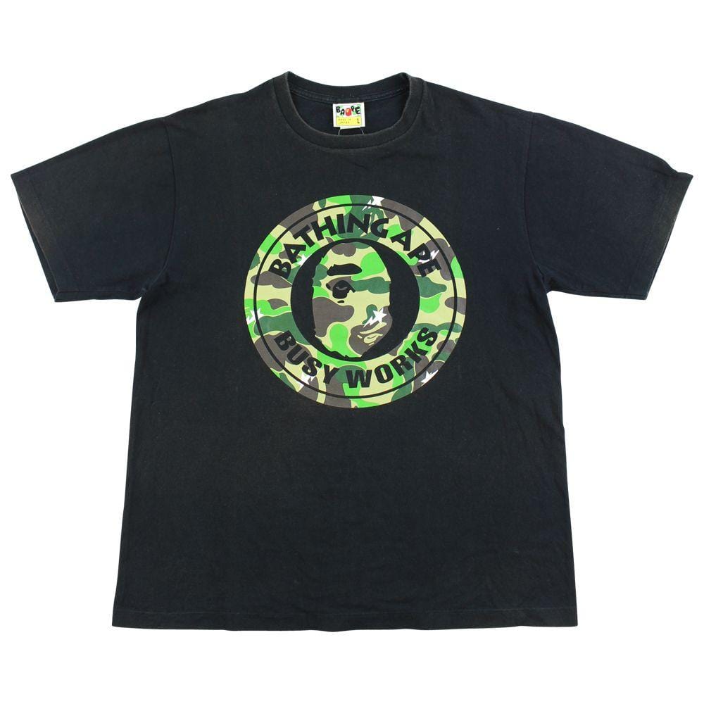Bape ABC Green Camo Busy Works Logo Tee Black - SARUUK