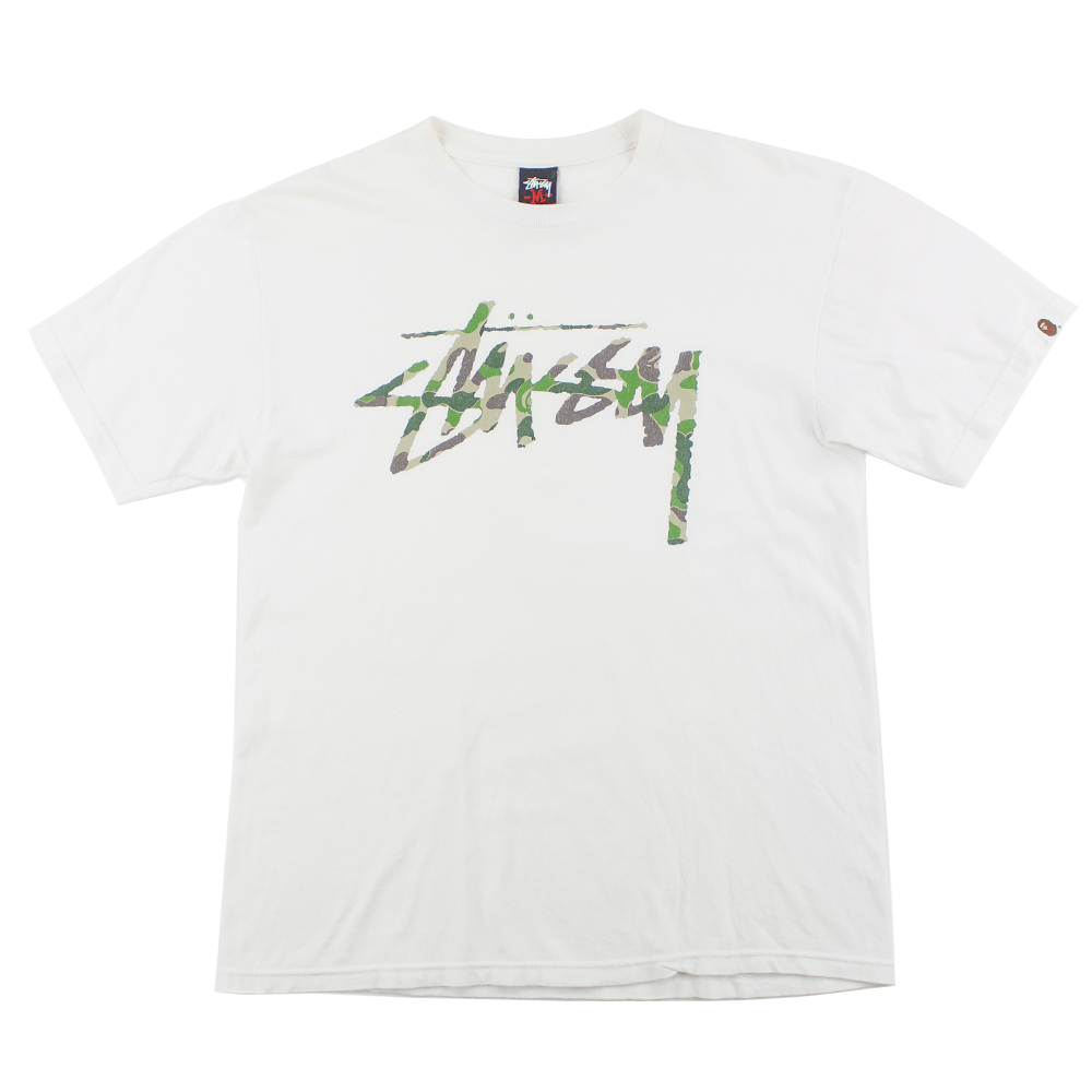Bape x Stussy Green Camo Logo Tee White - SaruGeneral